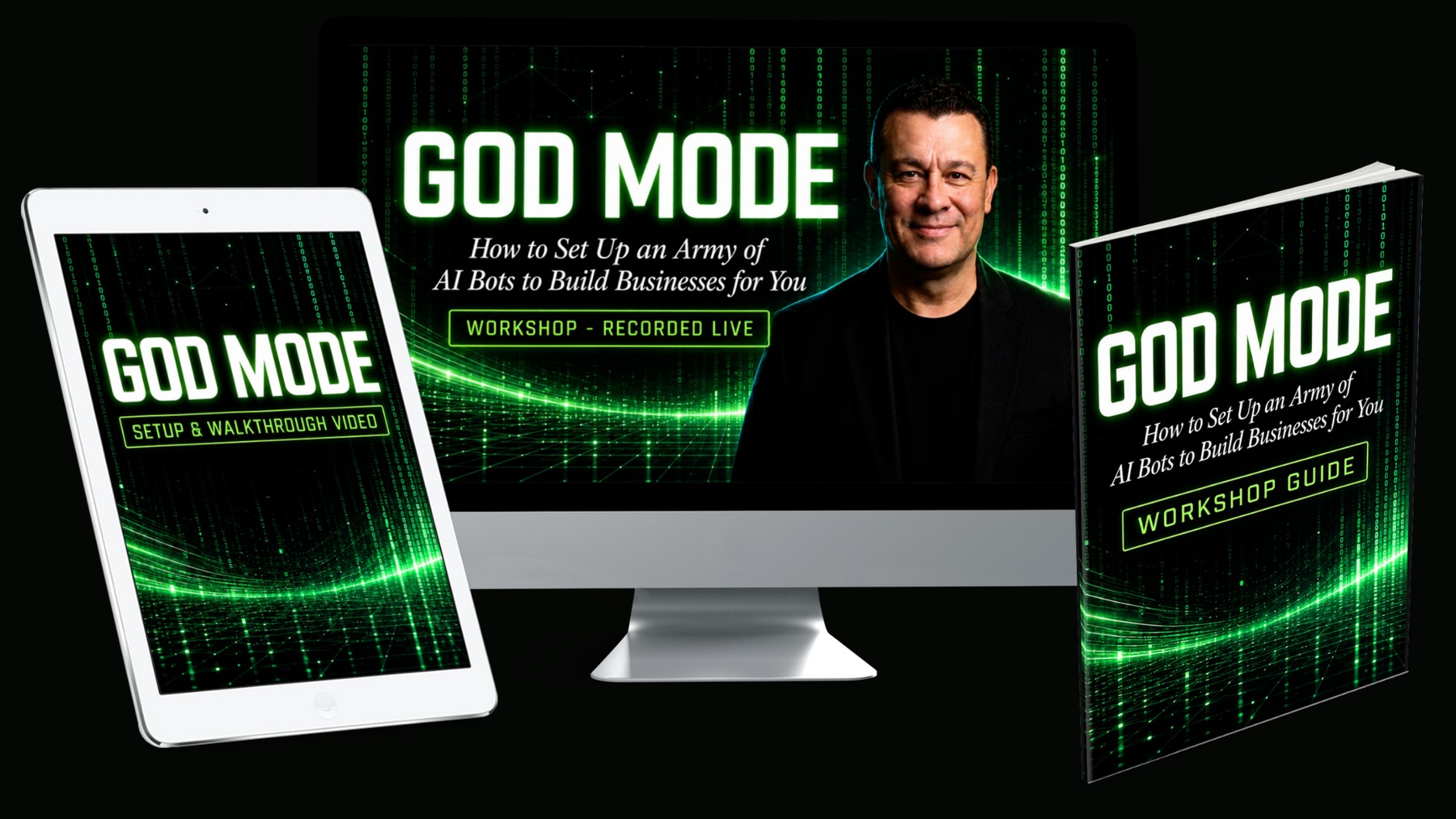 GOD MODE workshop shown on a desktop monitor, tablet and digital guide cover