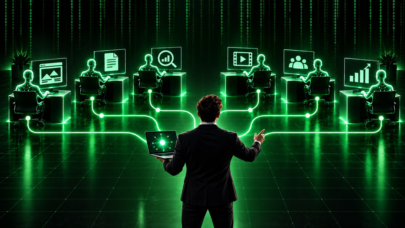 Concept artwork of a person directing six connected AI assistants with different business roles