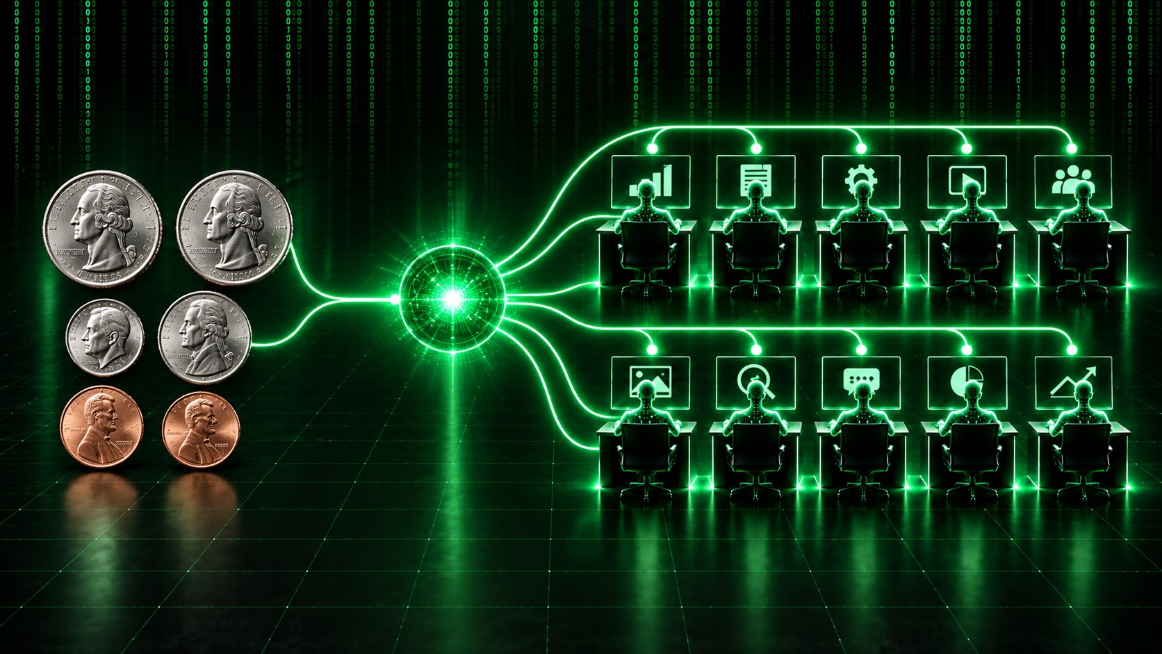 Concept artwork of coins connecting to ten specialized AI assistants